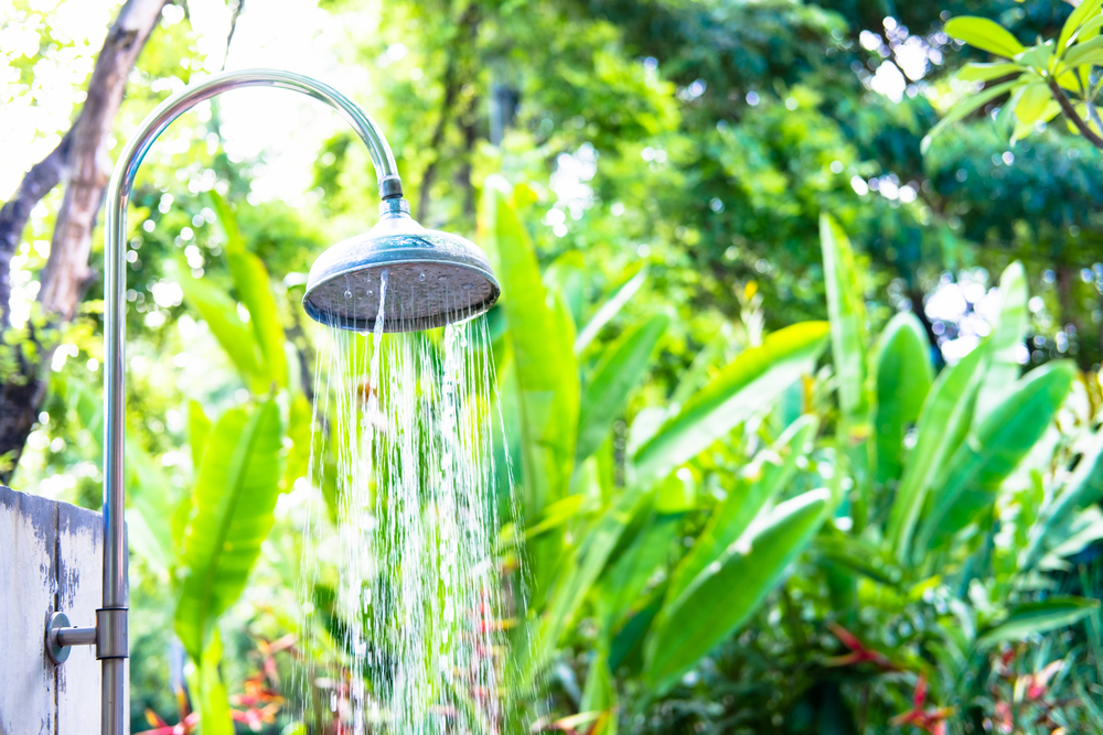 douche extérieure près de plantes