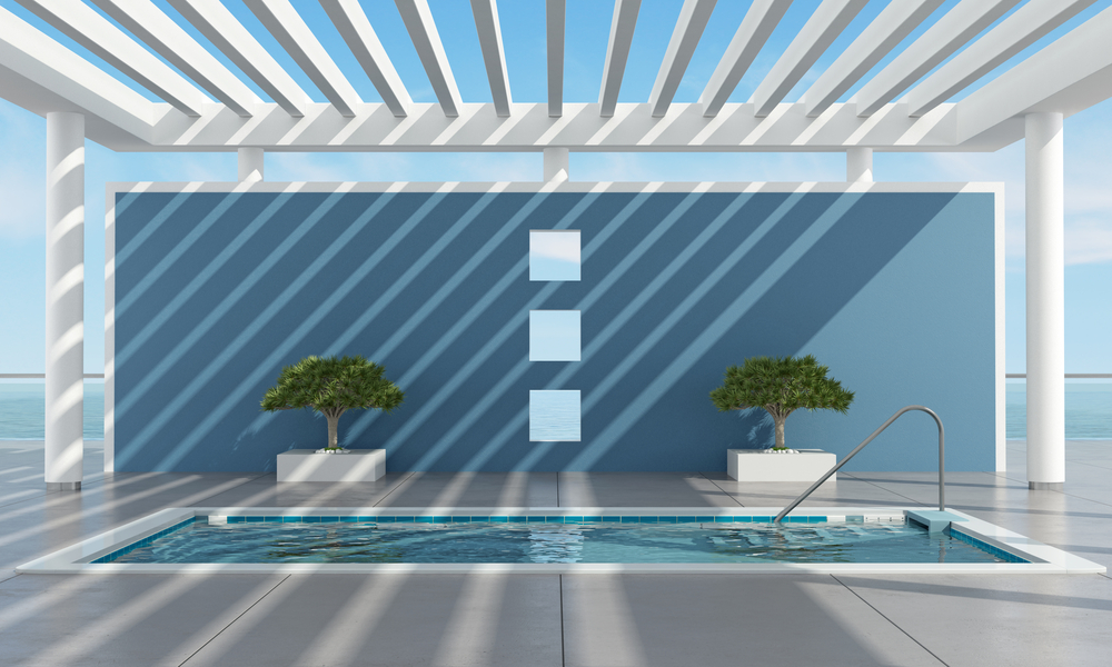 mur de couleur bleu gris près d'une piscine style contemporain